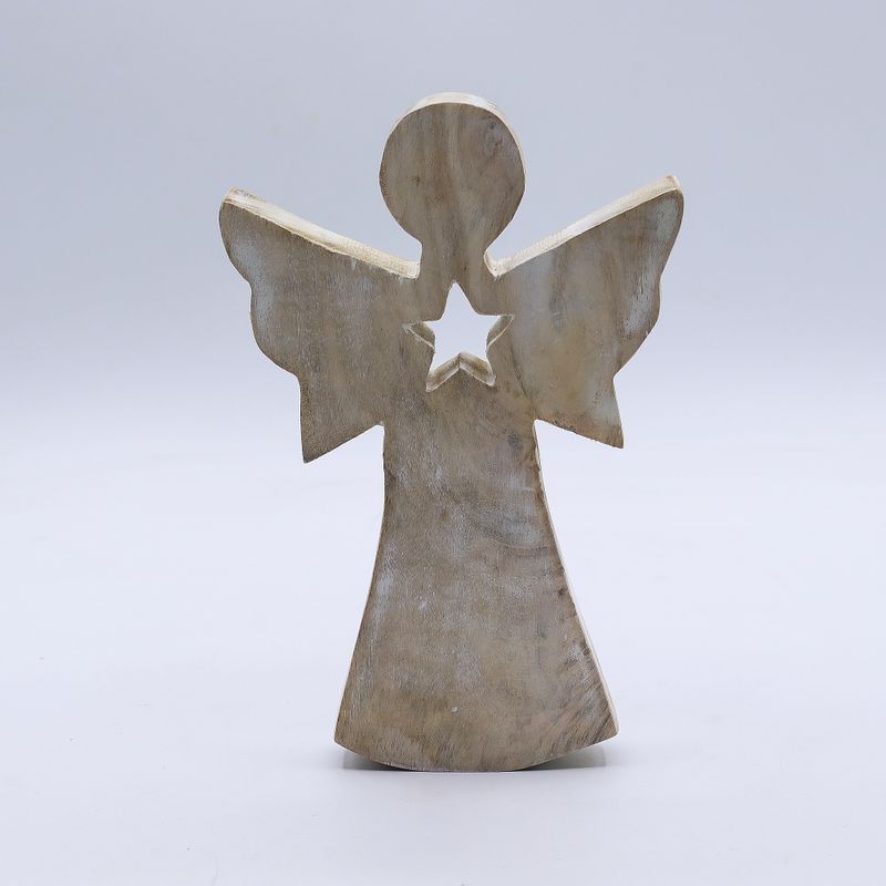 Anđeo od Drveta Manga - Bijela Patina s Izrezanom Zvijezdom - 18cm