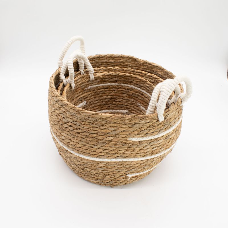 Cotton & Seagrass Large Baskets - Natural Stripes- Set of 3 (32.5cm 29.5cm 24cm)