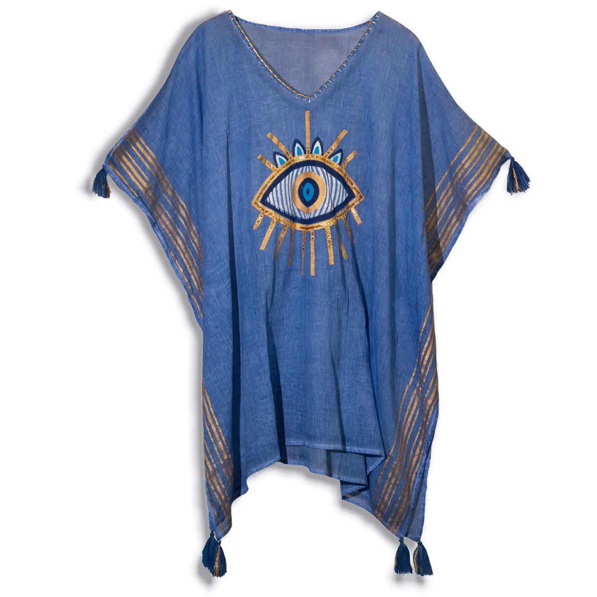 Kaftan Nomad Sari – Estampado com olho turco em azul intenso e dourado