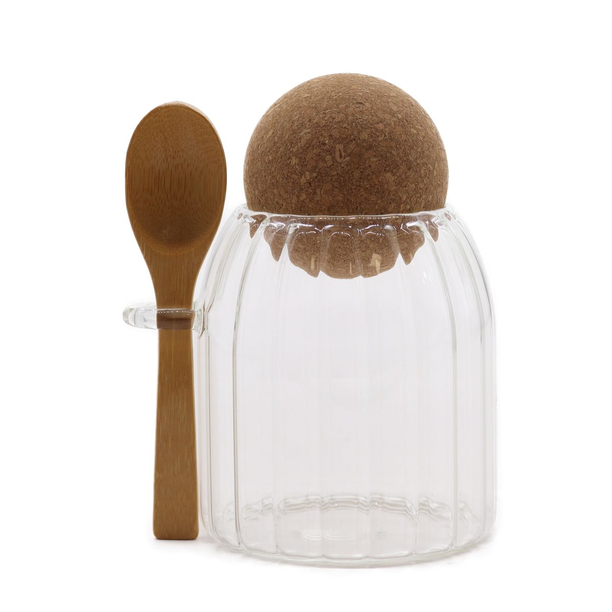 Frasco de vidro de bambu Cottage pequeno - Canelado com colher - 10 cm