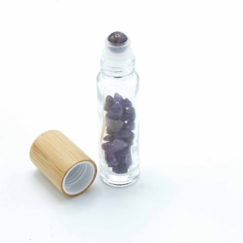 Bouteille Roll-On d'Huile Essentielle avec Gemme - Améthyste - Bouchon en Bois
