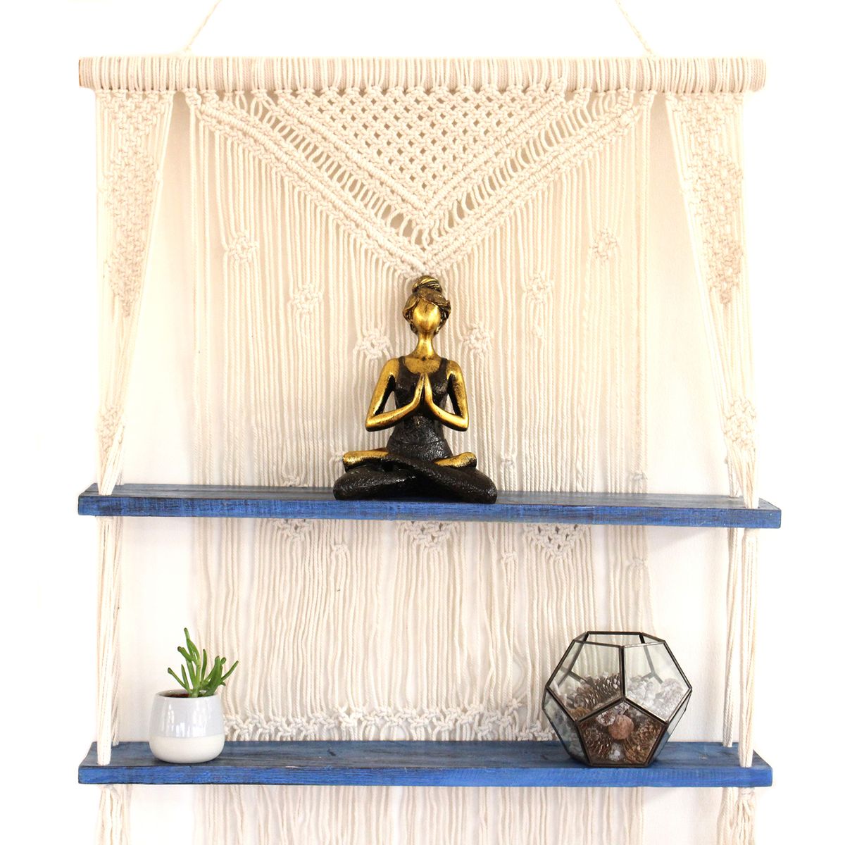 Prateleiras suspensas em macramé natural - azul