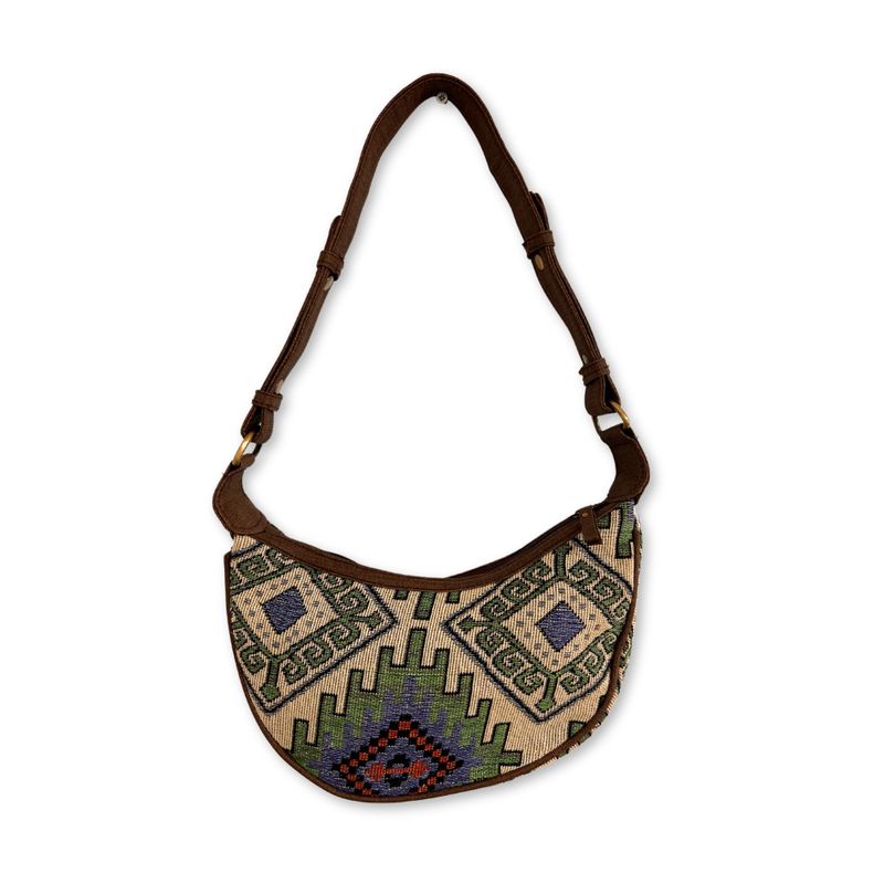 Sac Hobo en Jacquard - Vert Géographique (sangle marron)