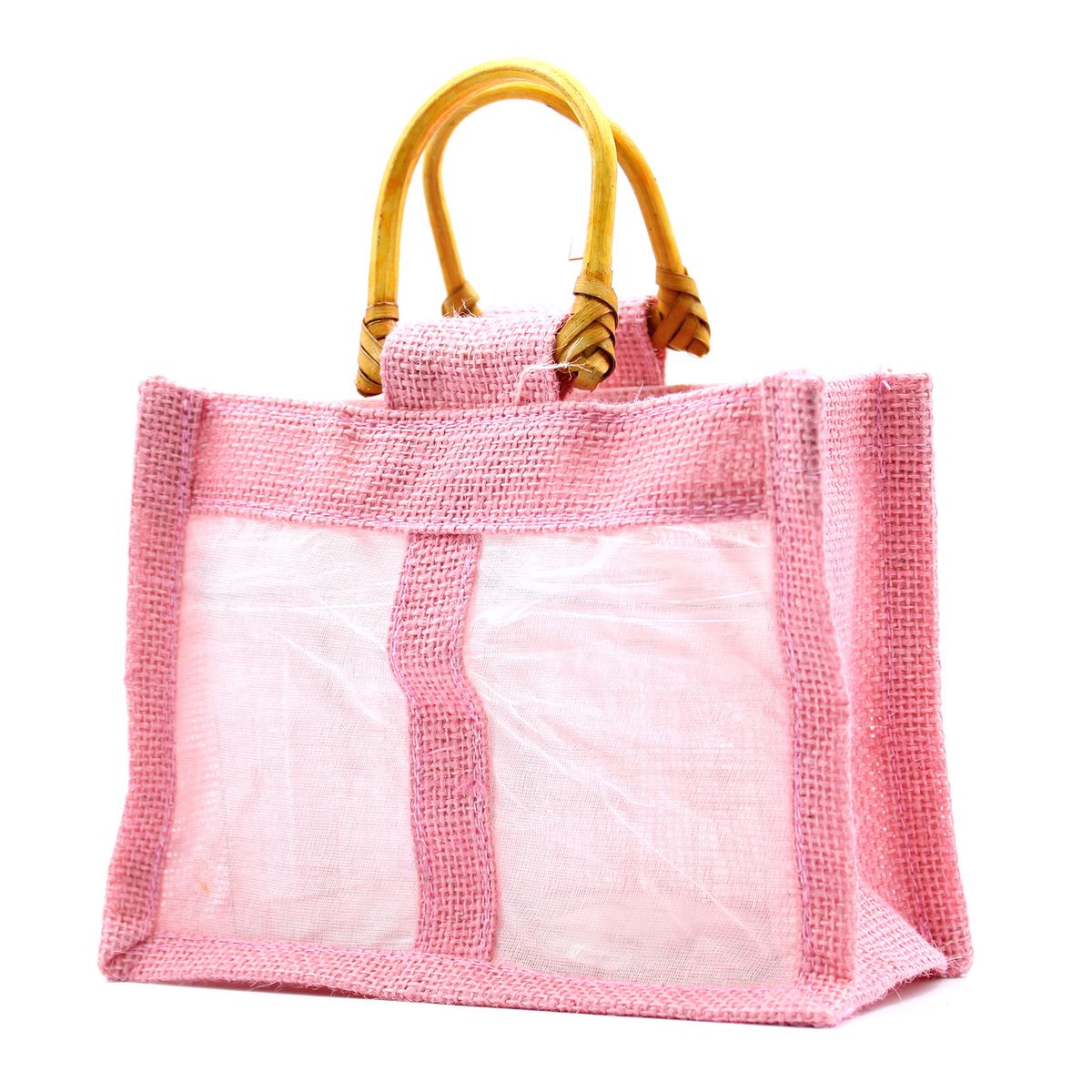 Saco de presente de juta pura e algodão com janela - 2 janelas em rosa