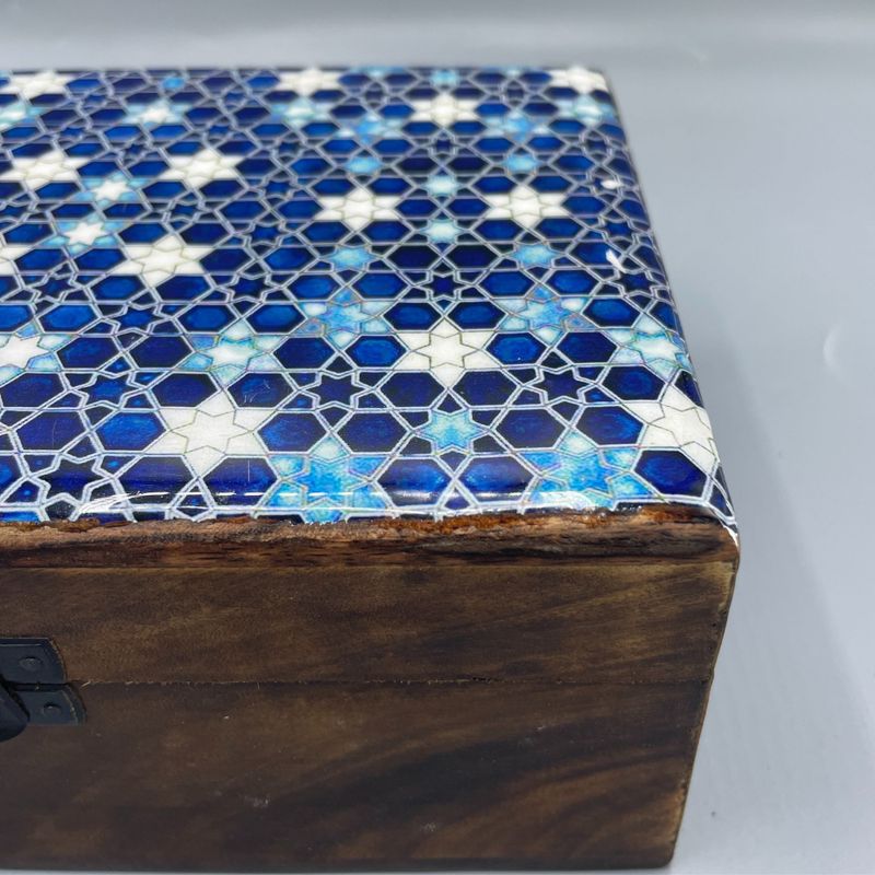 Grande Boîte en Bois Émaillé  - 20x15x7.5cm - Étoiles Bleues