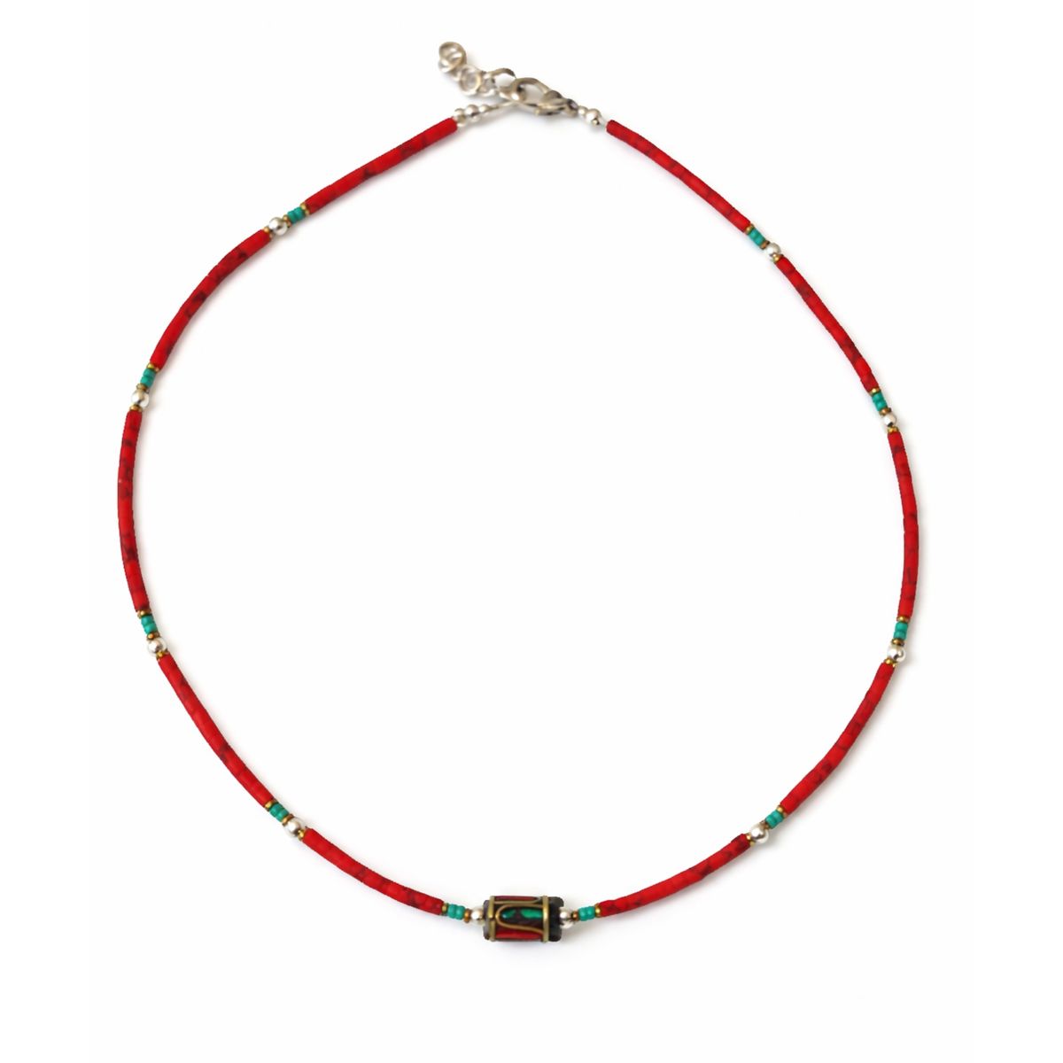 Colar nepalês de pedras preciosas extrafinas - Coral Tribal Conta