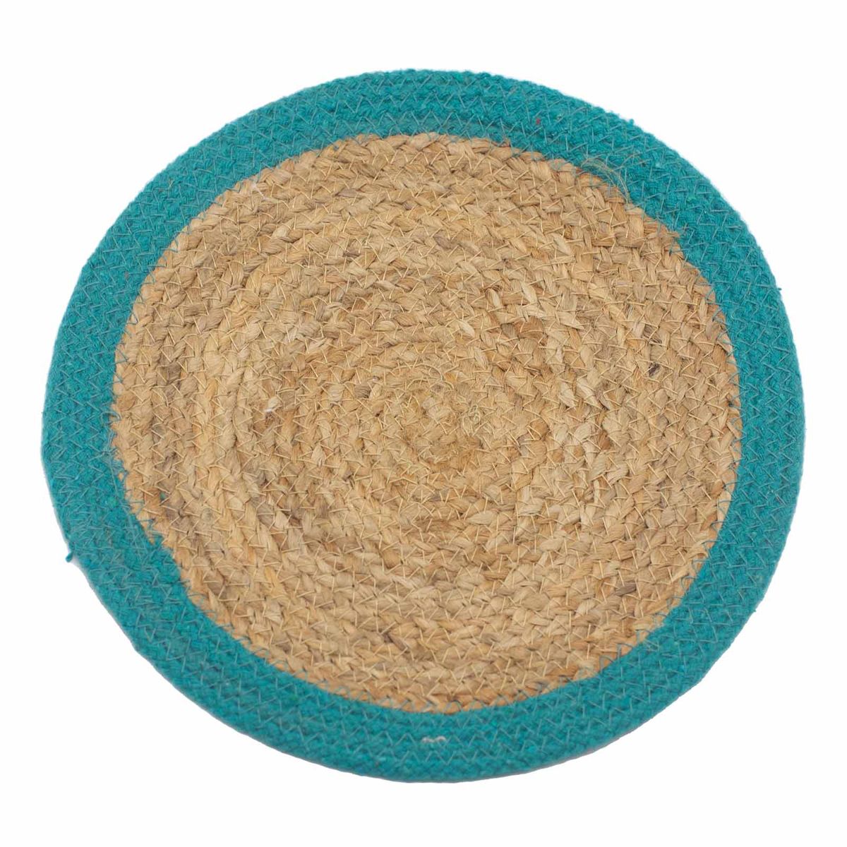 Individual de mesa natural - Juta e algodão 30 cm - Borda verde-azulada
