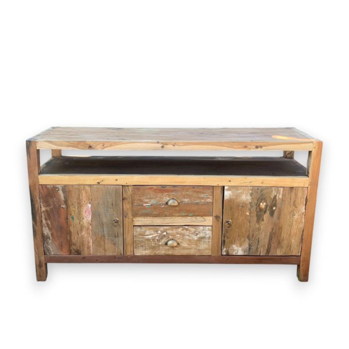 Upcycled Teak Wood TV Stand with Drawers & Shelf - Rustic Finish - 140cm x 40cm x 75cm