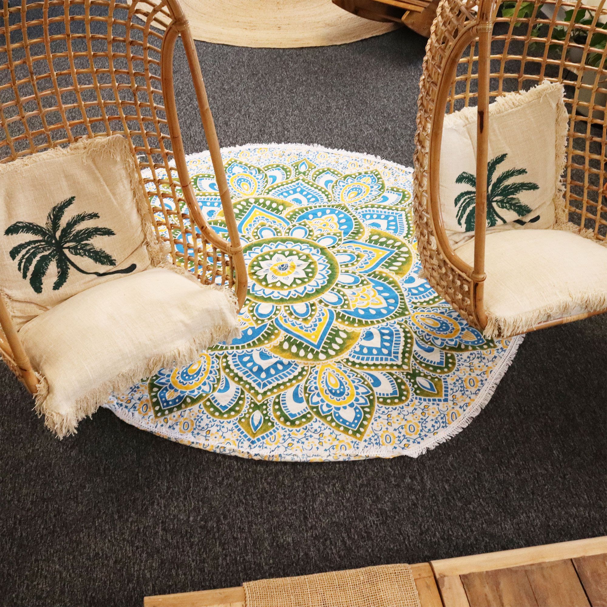 Stor Mandala Väggdekoration i Bomull (180cm) - Gul & Blå