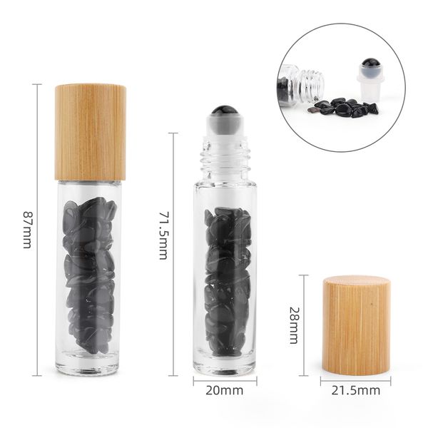 Gemstone Essential Oil Roller Bottle - Black Tourmaline  - Wooden Cap + Gemstone Roller Tip for 5ml Bottle - Black Tourmaline