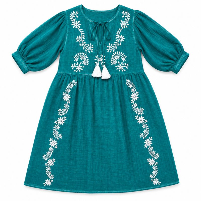 Nomad Sari On the Med Collection - Dress -  Turquoise with Embroidery & Tassel (M-L)