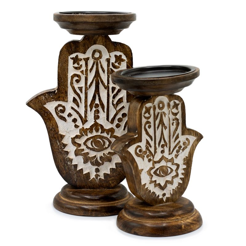 Support de bougie en bois de mangue - Hamsa - Petit 18x11cm