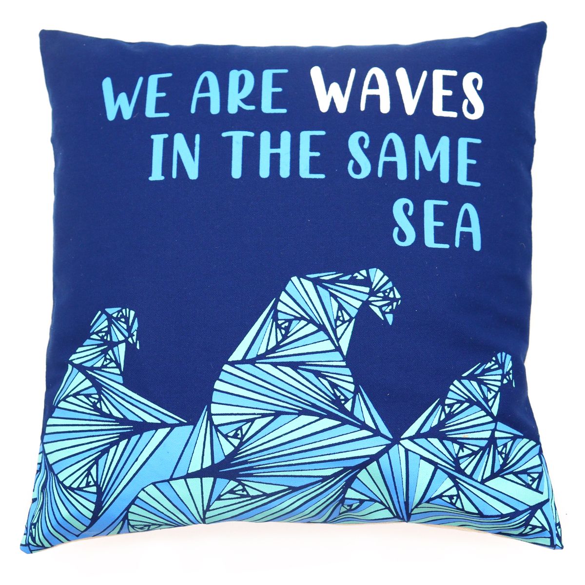 Capa de almofada em algodão estampado - Somos Olas - cinzento, azul e natural