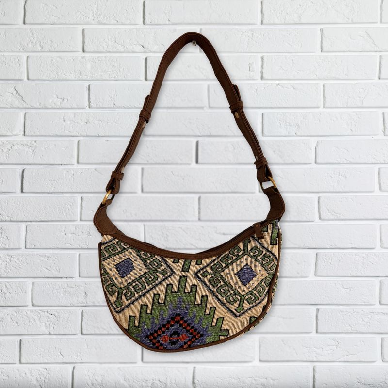 Sac Hobo en Jacquard - Vert Géographique (sangle marron)