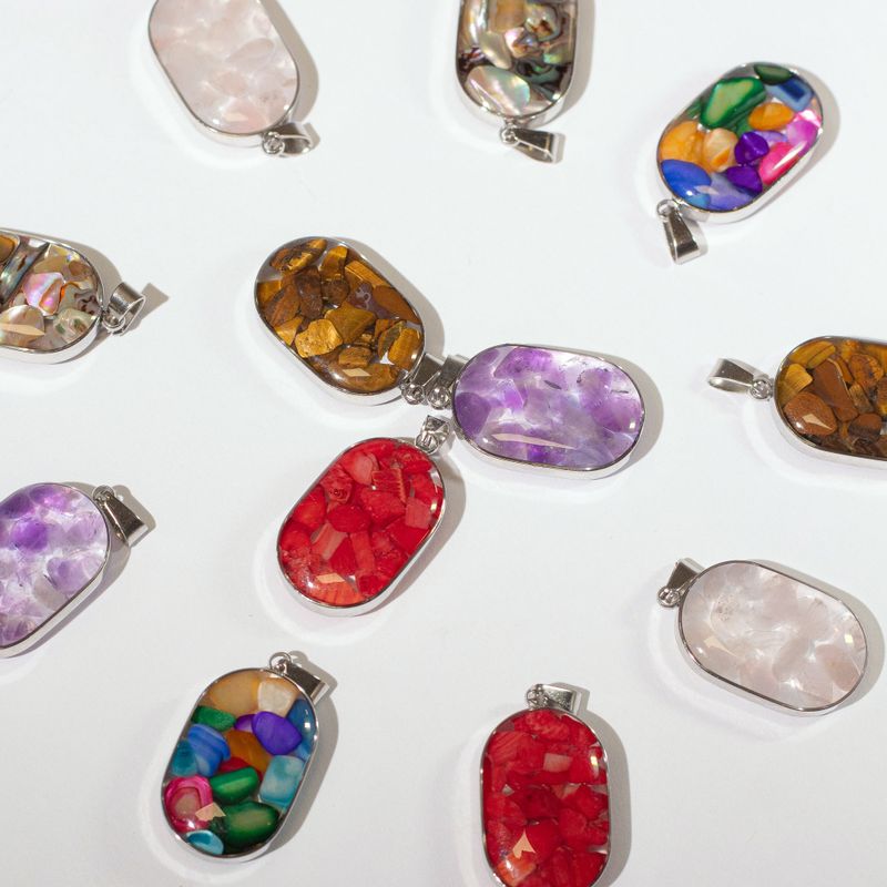 Pendentifs Acier – 12 Ovales Gemmes & Coquillages