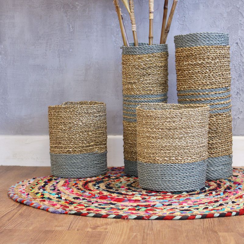 Ensemble Jonc de Mer & Raphia Abu-Abu - 2 Vases & 2 Bacs