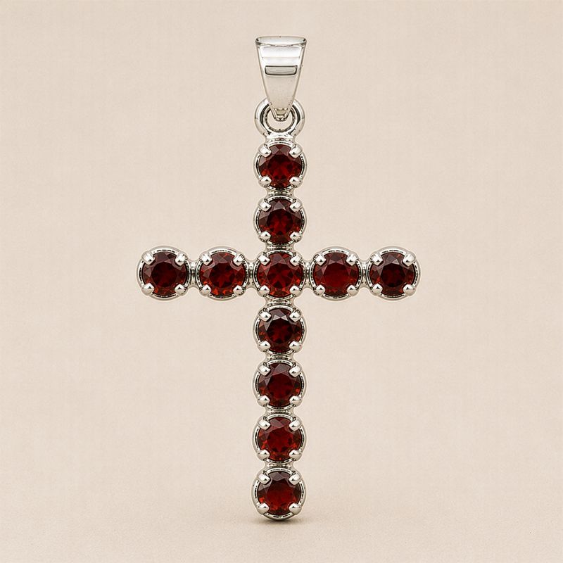 Indian Devotional Pendant - Silver Plated (45cm Chain)- Garnet Crucifix