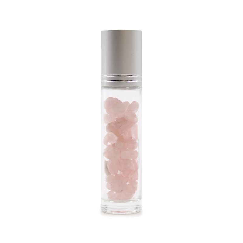 Bouteille Roll-On d'Huile Essentielle avec Gemme - Quartz Rose - Bouchon Argenté
