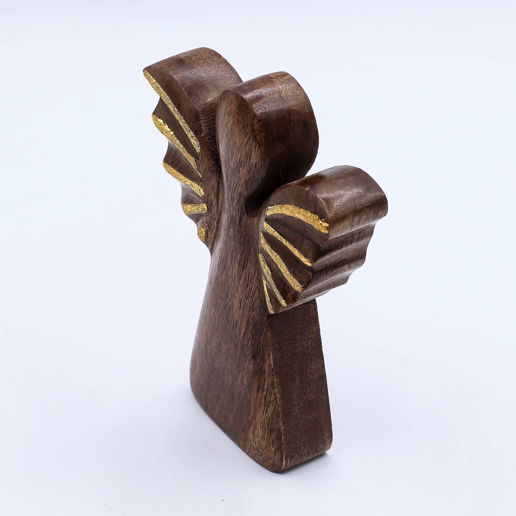 Medelstor Ängel i Mangoträ - Gyllene Dekor - 16cm