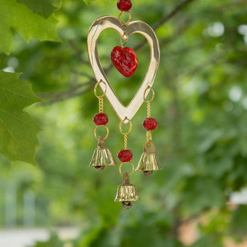 Indian Chimes - Brass With Ruby Glass Heart Beads - 3 Bells - 6.5x24cm