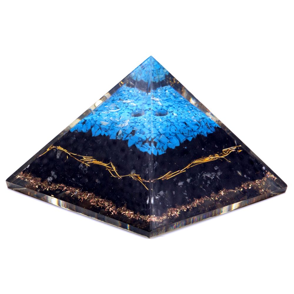 Pirâmide de Orgonita Lrg 70 mm - Gemas Chakra - Turquesa e Turmalina Preta - 70 mm
