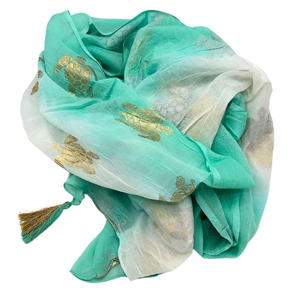 Colección Nómada Sari Mediterráneo - Pareo - Diseño de Tortuga en Blanco, Turquesa y Oro