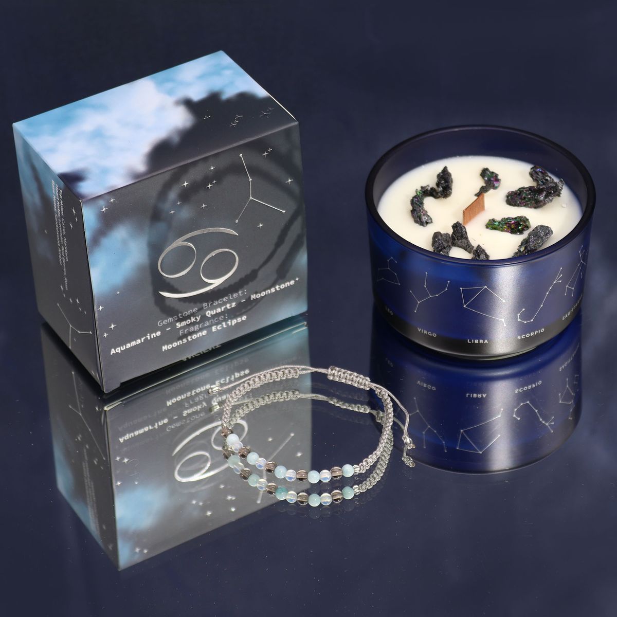 Vela de cristal do zodíaco com pulseira de pedras preciosas - Caranguejo