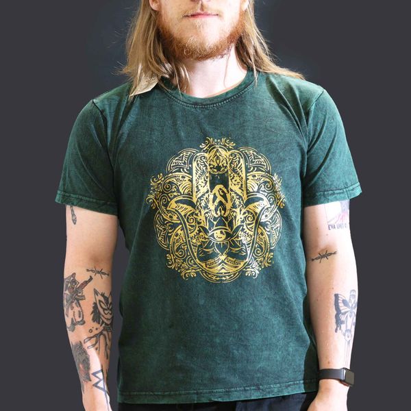 Large Stone Washed Teashirt - Hamsa - Green