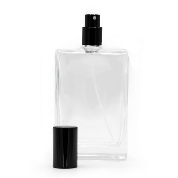 Flacon épais carré de 100 ml, vaporisateur et bouchon noirs
