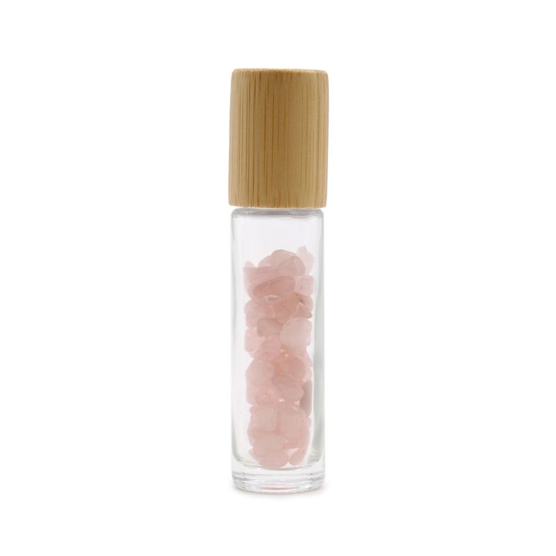 Bouteille Roll-On d'Huile Essentielle avec Gemme - Quartz Rose - Bouchon en Bois