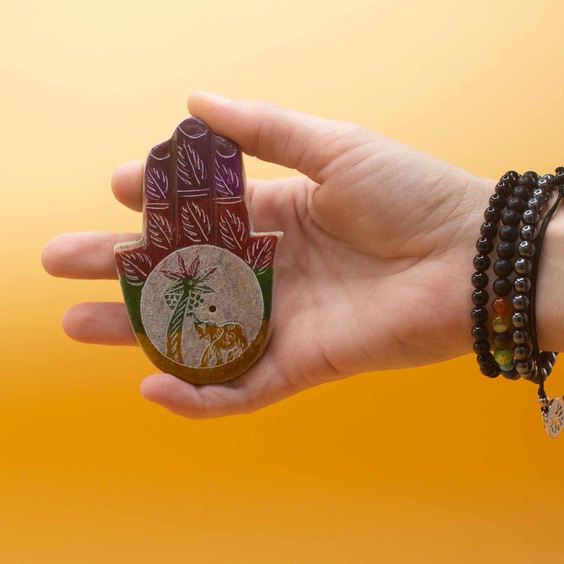 Porte-Encens Hamsa en Stéatite 9x6cm - Éléphant et Palmier