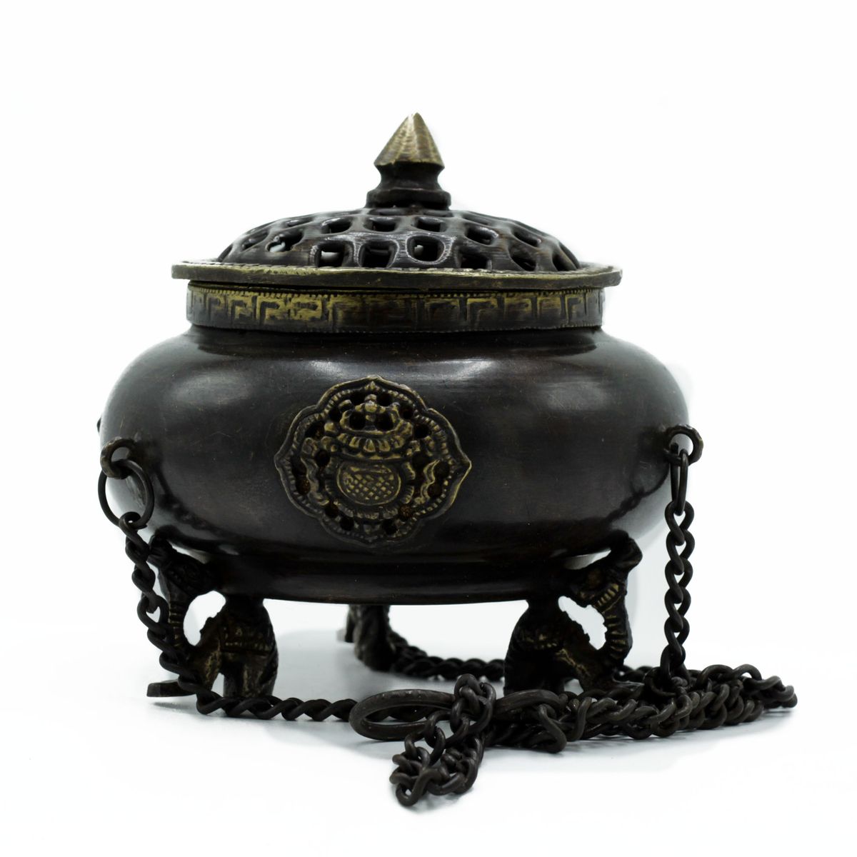 Queimador Tibetano Grande de Latão - Vaso Suspenso de Quatro Símbolos