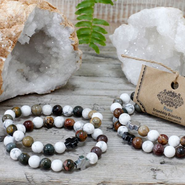 Set of 2 Gemstones Friendship Bracelets - Piece - Picasso Jasper & White Howlite