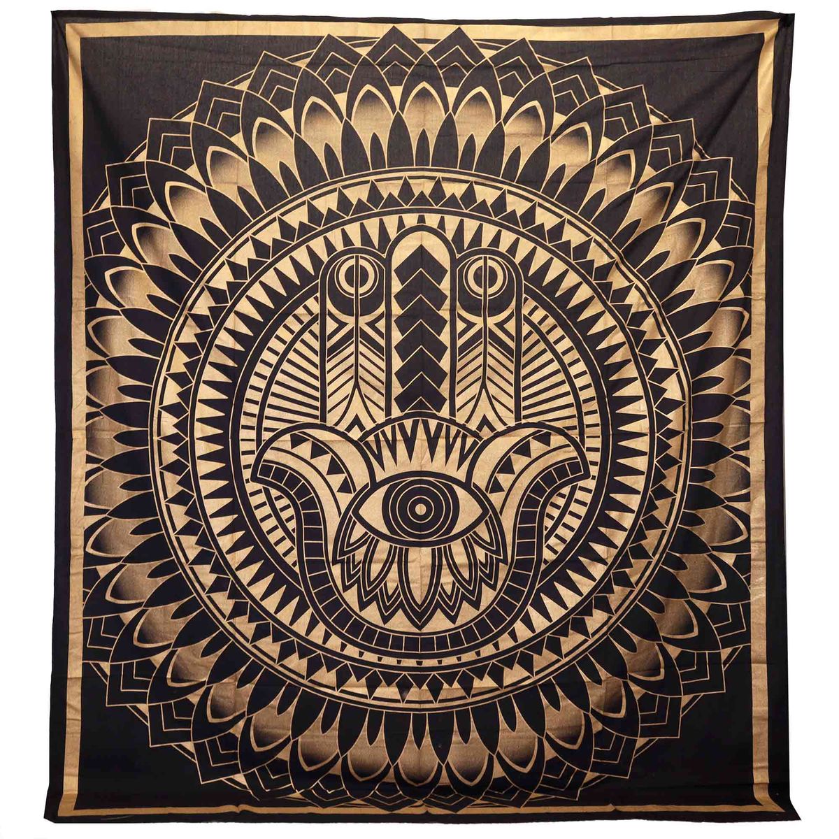 Colcha de casal em algodão + pendente de parede - Hamsa - Preto e dourado