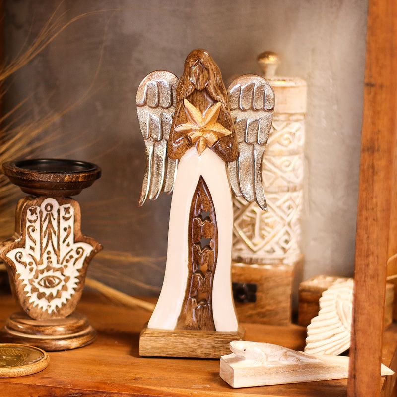 Large Mango Wood Star Angel Metal Wings & Enamel Detail - 30cm