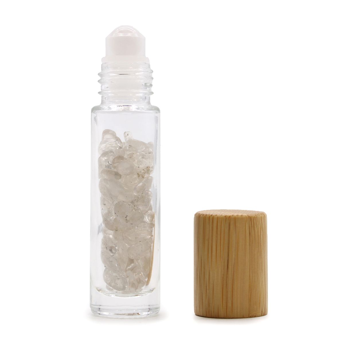 Frasco roll-on de óleo essencial de pedras preciosas - Quartzo rochoso - Tampa de madeira