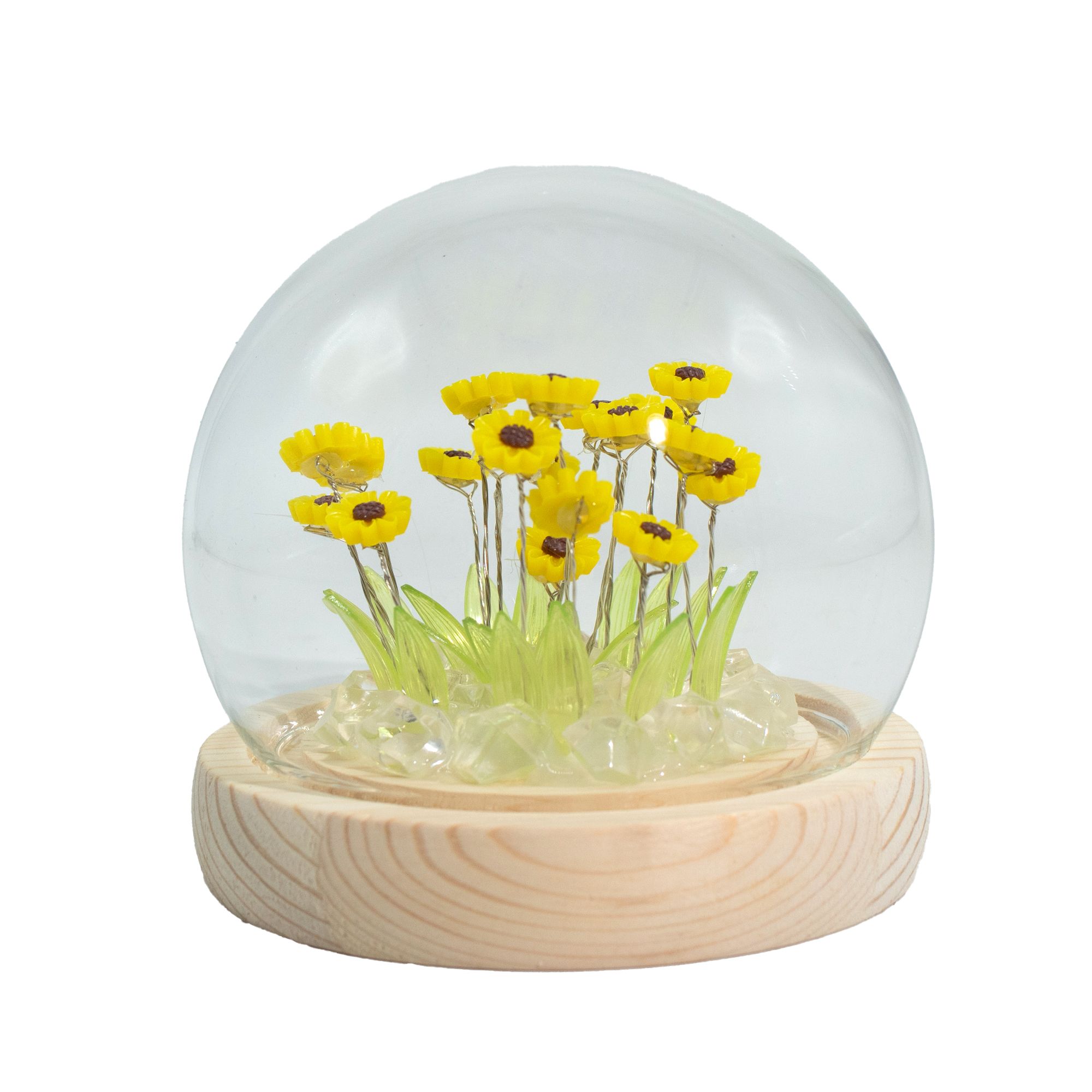 Floral Glow Garden Dome with 20 Sunflowers - LED USB Powered - Glass and Wood Base