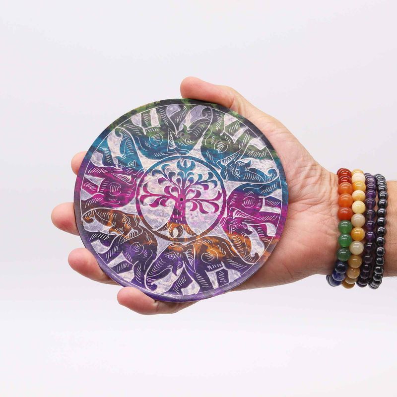 Porte-encens en pierre à savon Disque 12 cm - 6 Éléphants Porte-bonheur