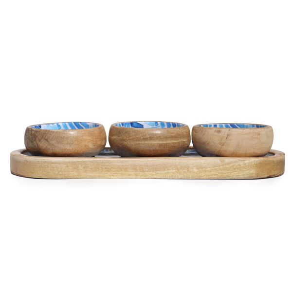 Plateau en bois de mangue avec 3 bols - Rayures bleues