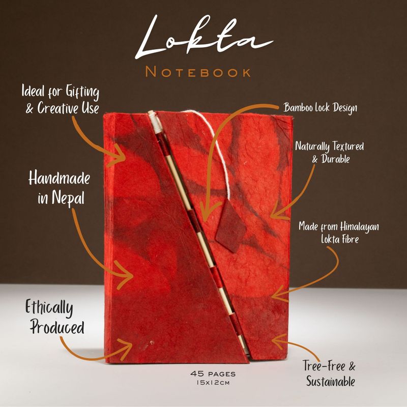 Med Lokta Bold Floral Bamboo Lock Notebook (15x12cm) - 45 leafs - Ruby