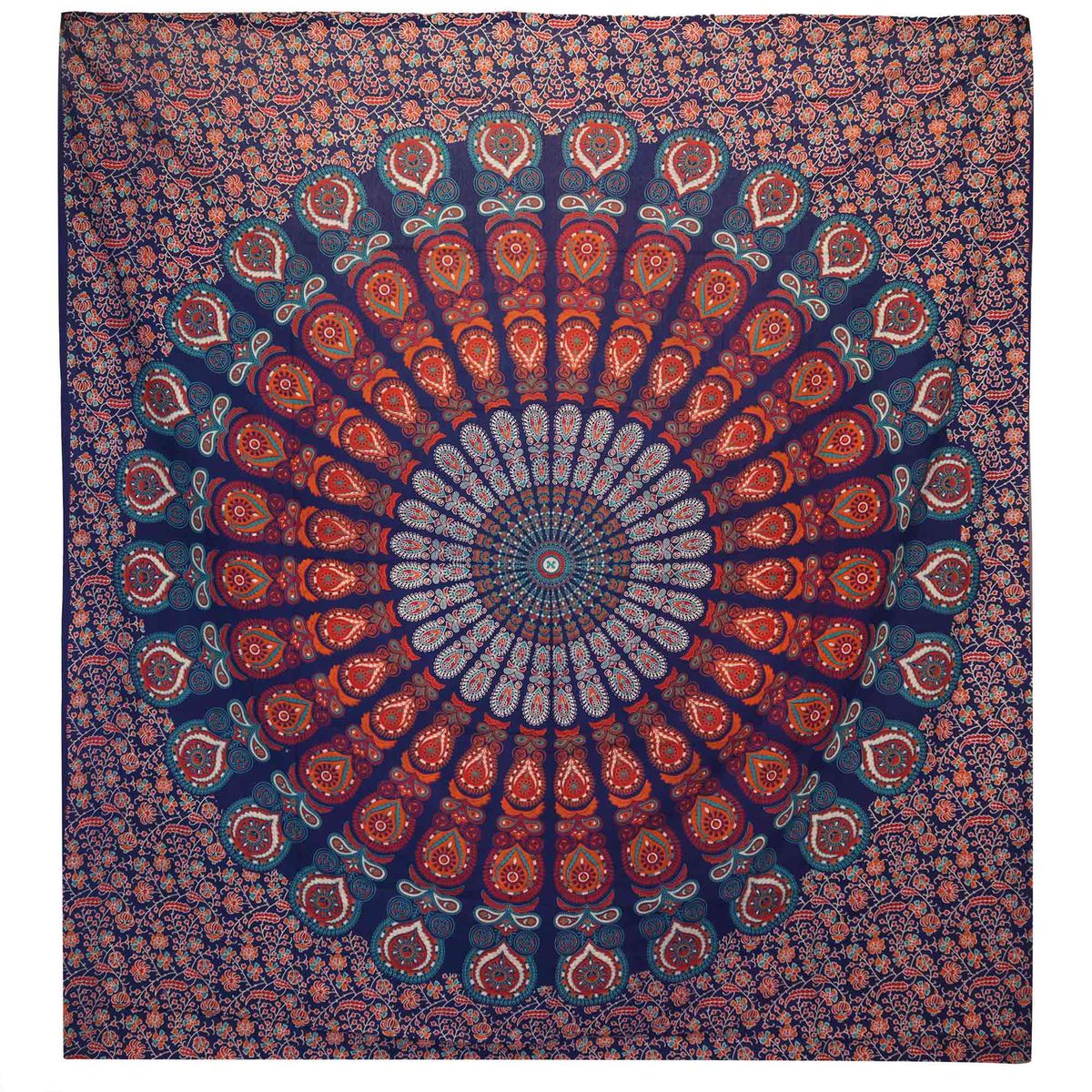 Colcha Dupla de Algodão + Enfeite de Parede - Mandala Pavão - Azul