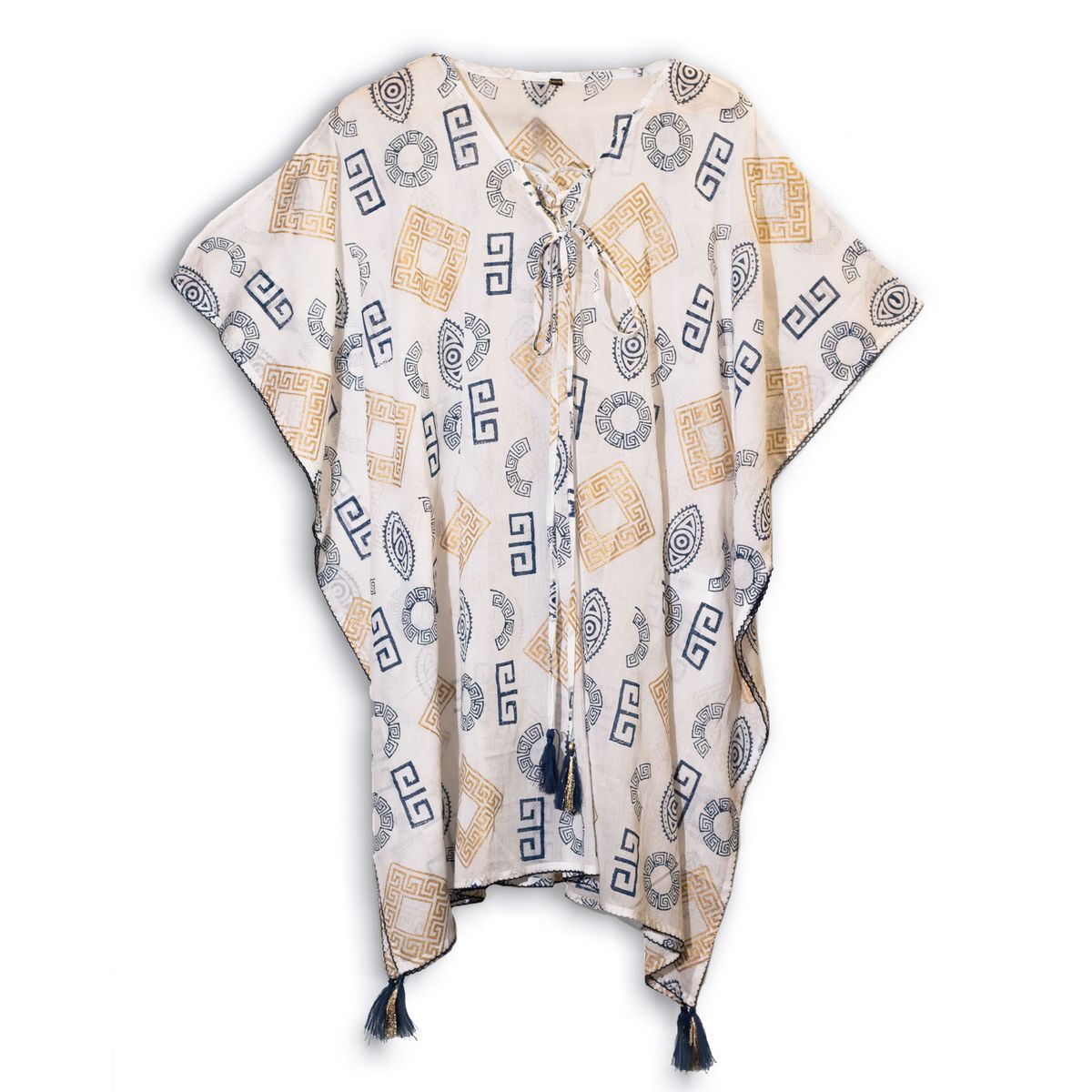 Coleção Nómada Sari Mediterrâneo - Kaftan - Motivo grego em dourado e azul - Pintado à mão