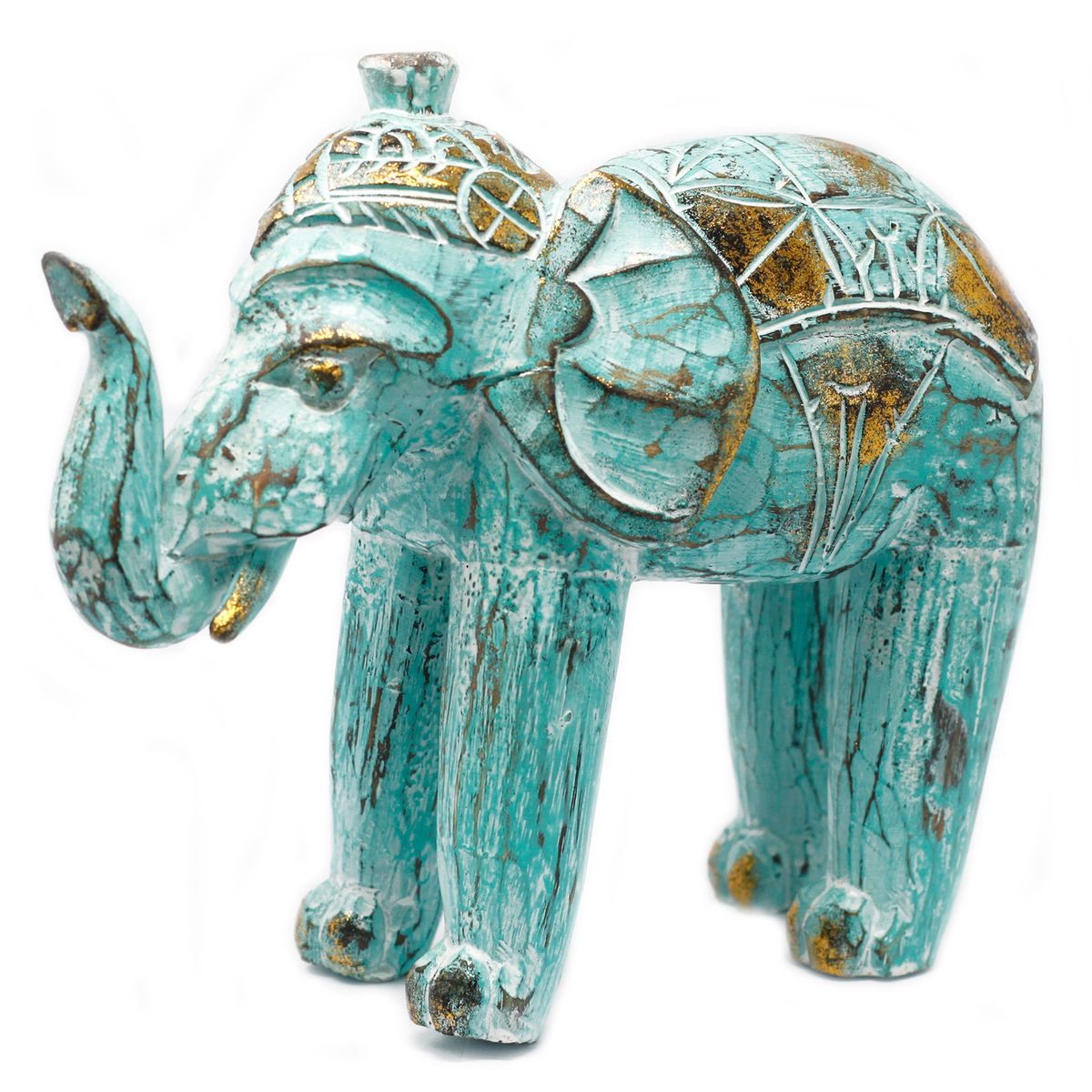 Elefante esculpido em madeira - Ouro turquesa