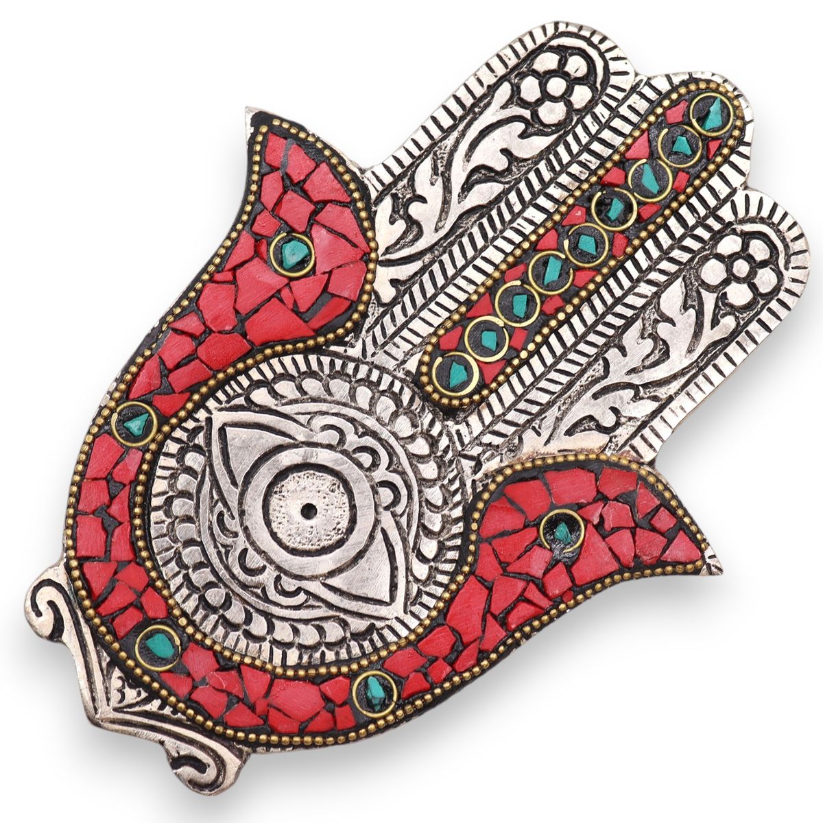 Porta-incenso Hamsa Vermelho e Verde Pequeno 13x5,5 cm