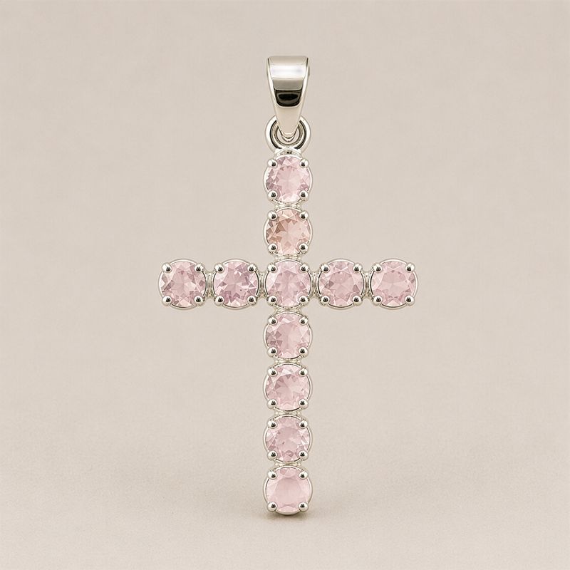 Indian Devotional Pendant - Silver Plated (45cm Chain)- Rose Quartz Crucifix