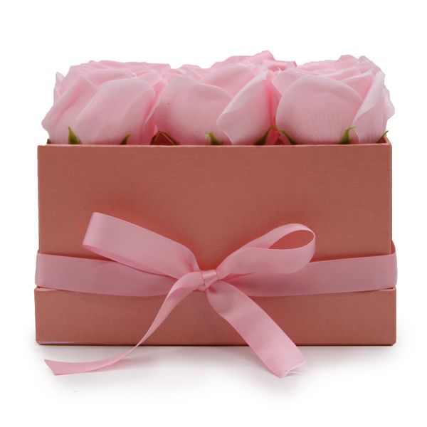Coffret Cadeau de Fleurs de Savon - 9 Roses Roses - Carré