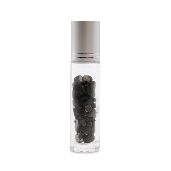 Bouteille Roll-On d'Huile Essentielle avec Gemme - Tourmaline Noire - Bouchon Argenté