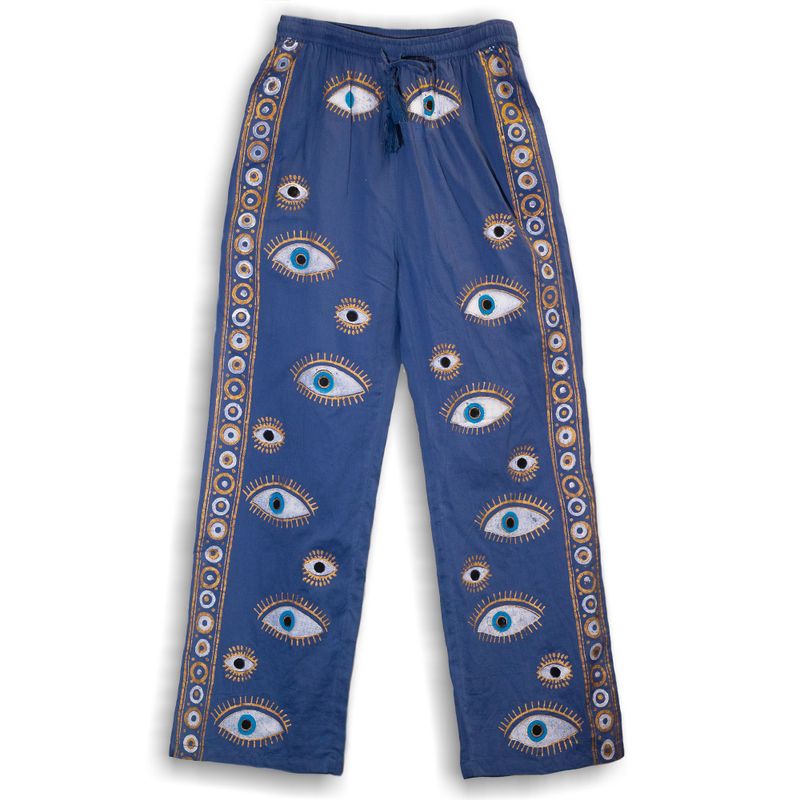(ML) Nomad Sari - Lounge Pants - Rich Blue & Gold Hand Painted Evil Eye Design