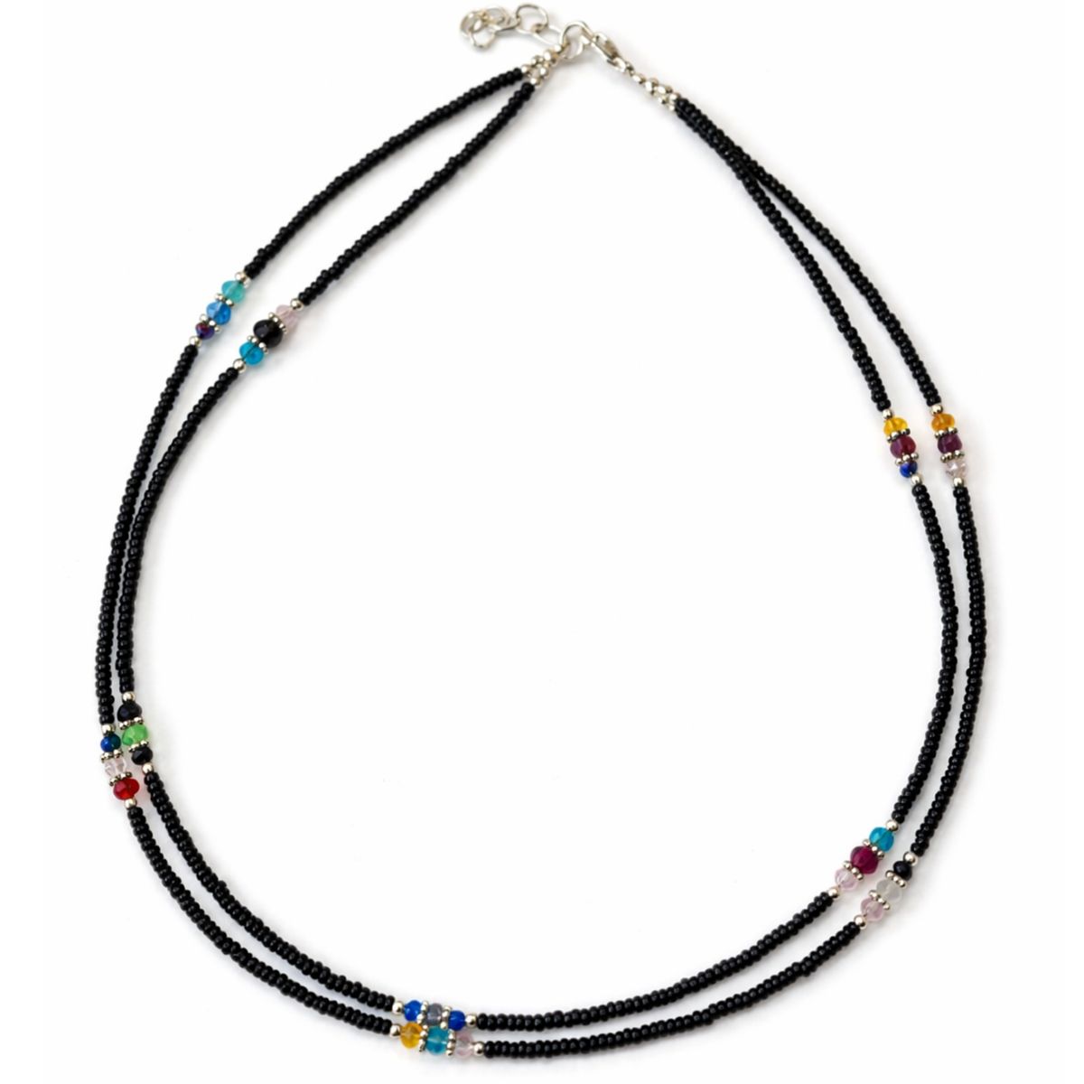 Colar fino nepalês de duas voltas com ônix preto e contas facetadas - (42 cm)