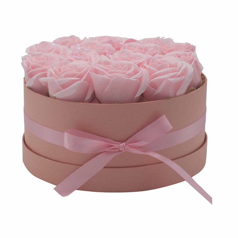 Coffret Cadeau de Fleurs de Savon - 14 Roses Roses - Rond
